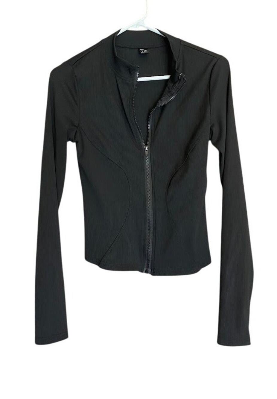 SHEIN Black Ribbed Full Zip Cropped Athletic Jacket Medium